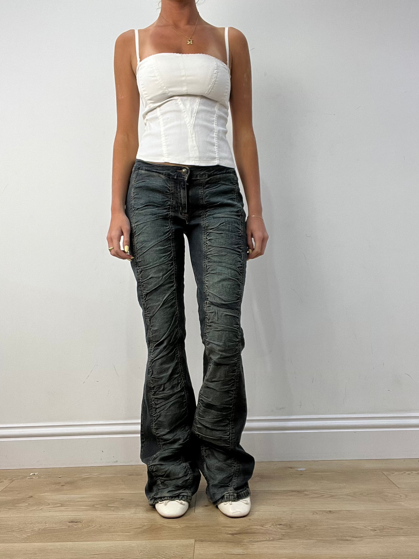 vintage edit twelve |  medium dark wash ruched bootcut jeans