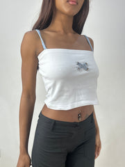 💻‼️ extra small white vest top with denim cross detail and denim straps