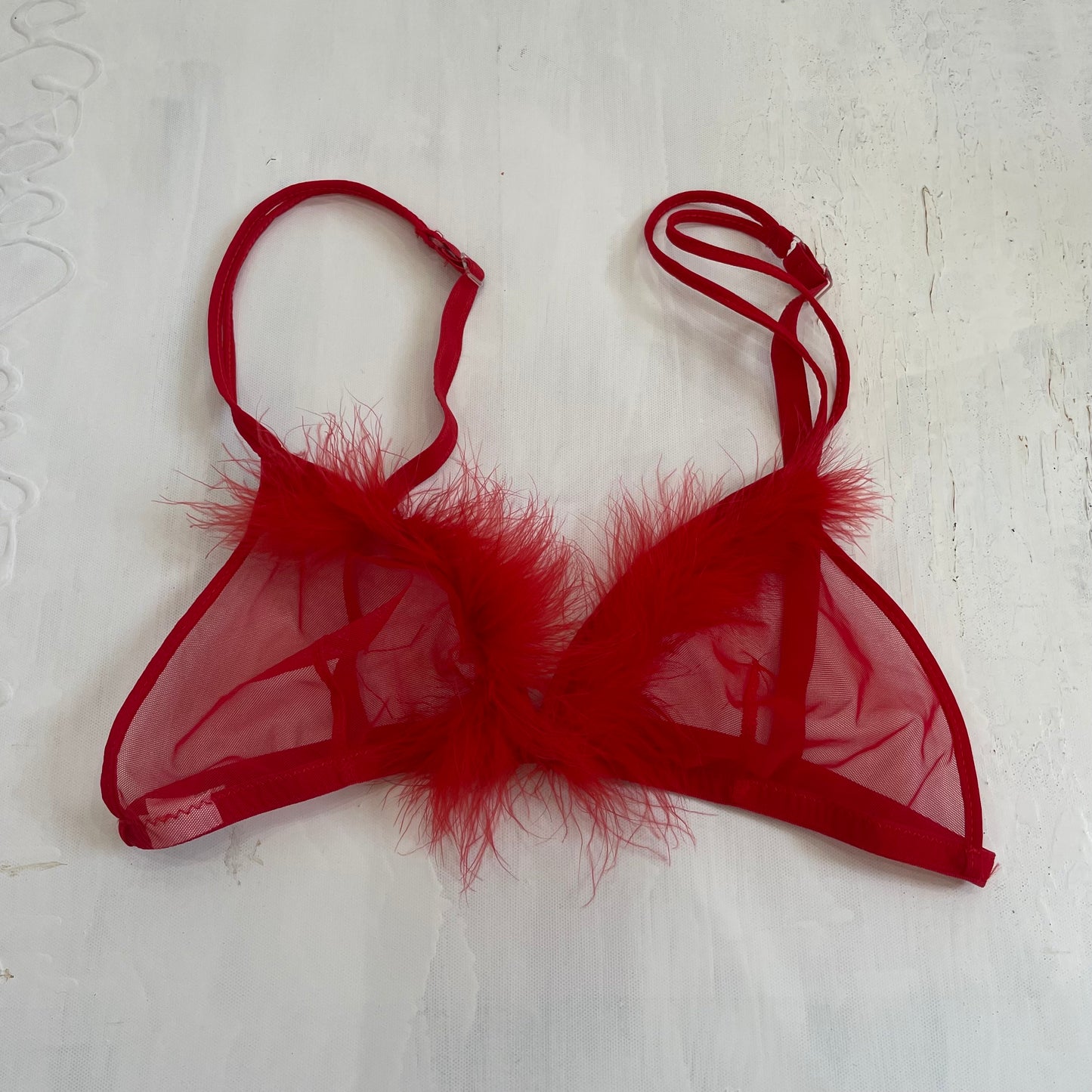 OLIVIA RODRIGO DROP | small red mesh bra with fluffy detail