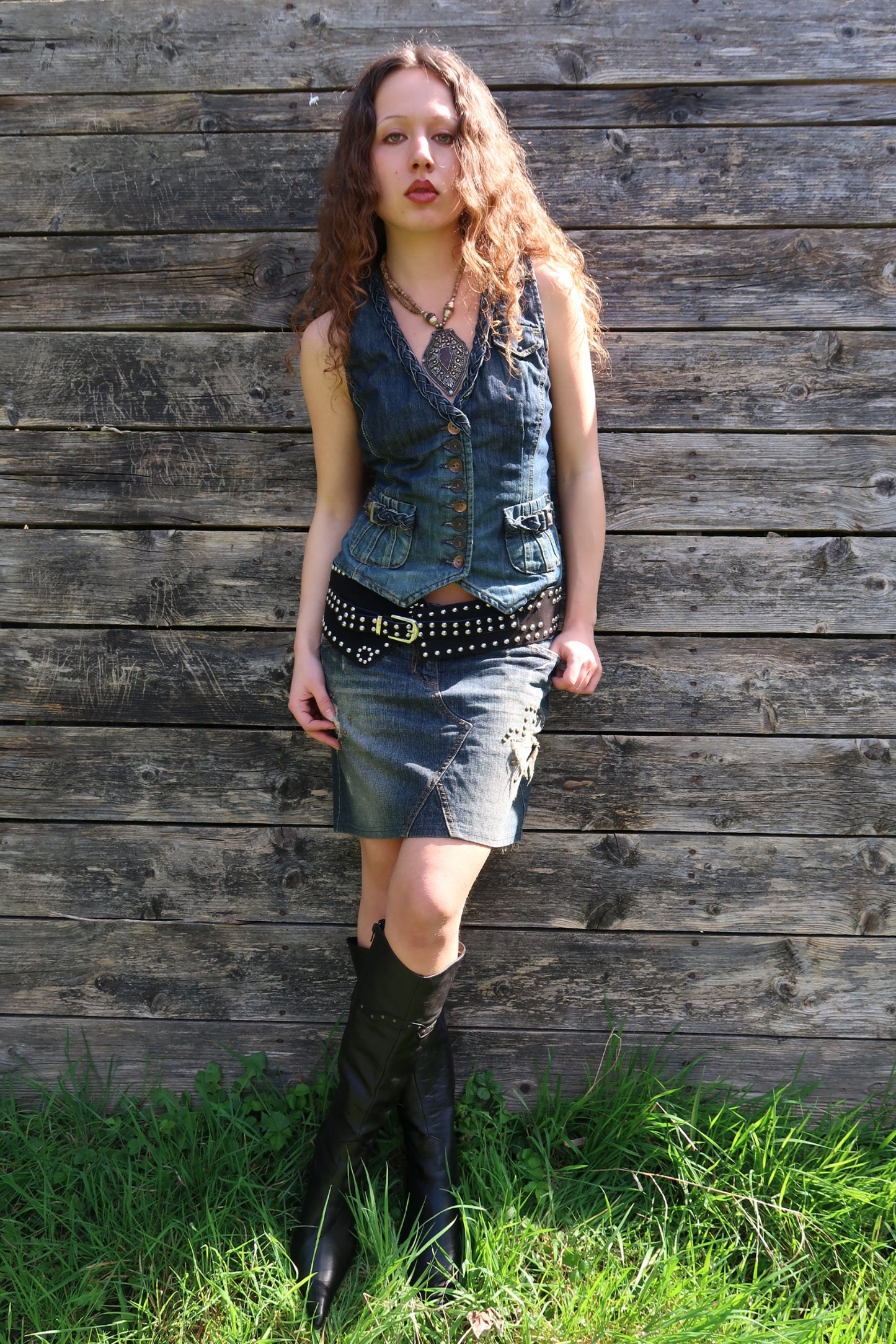 western edit | medium blue denim studded midi skirt