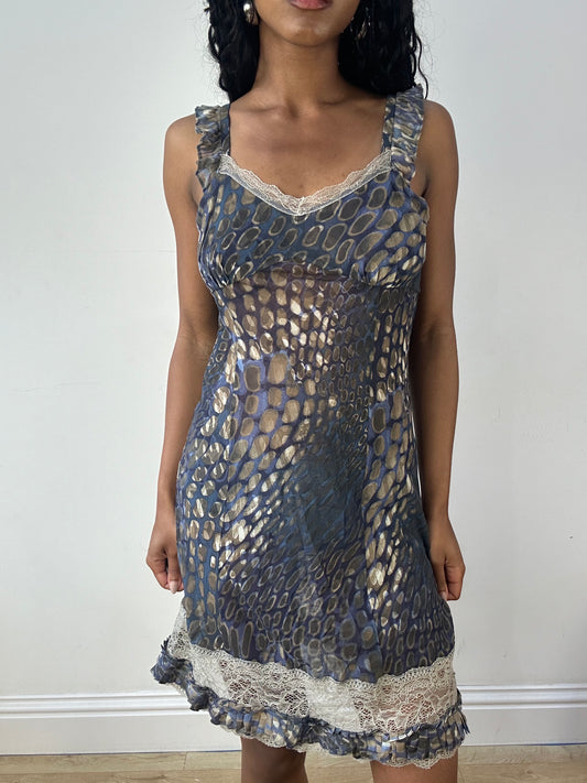 vintage edit twenty-three | small blue liu jo silk mini dress with lace detail
