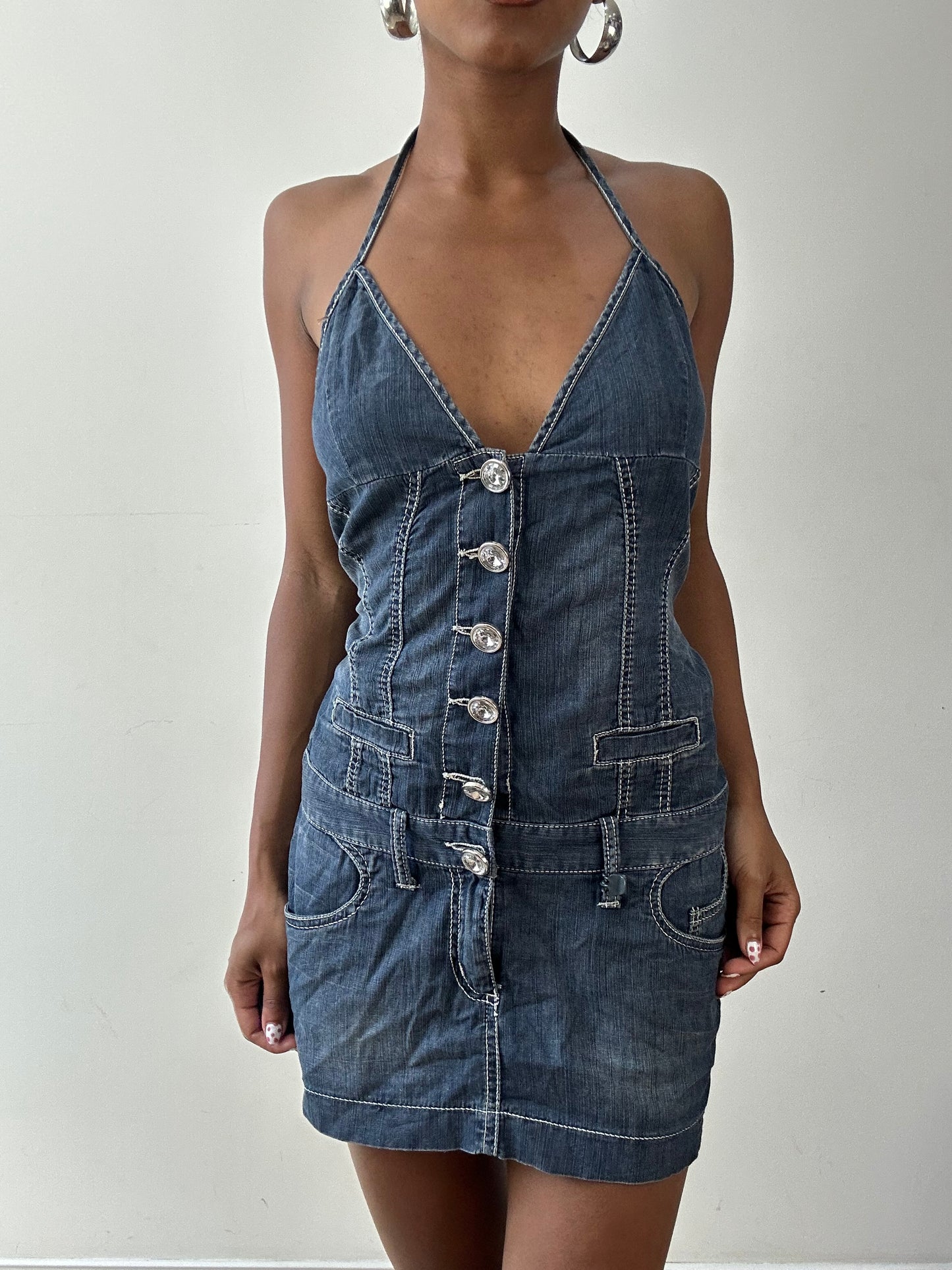 vintage edit twenty-seven | small denim halterneck mini dress with diamanté buttons