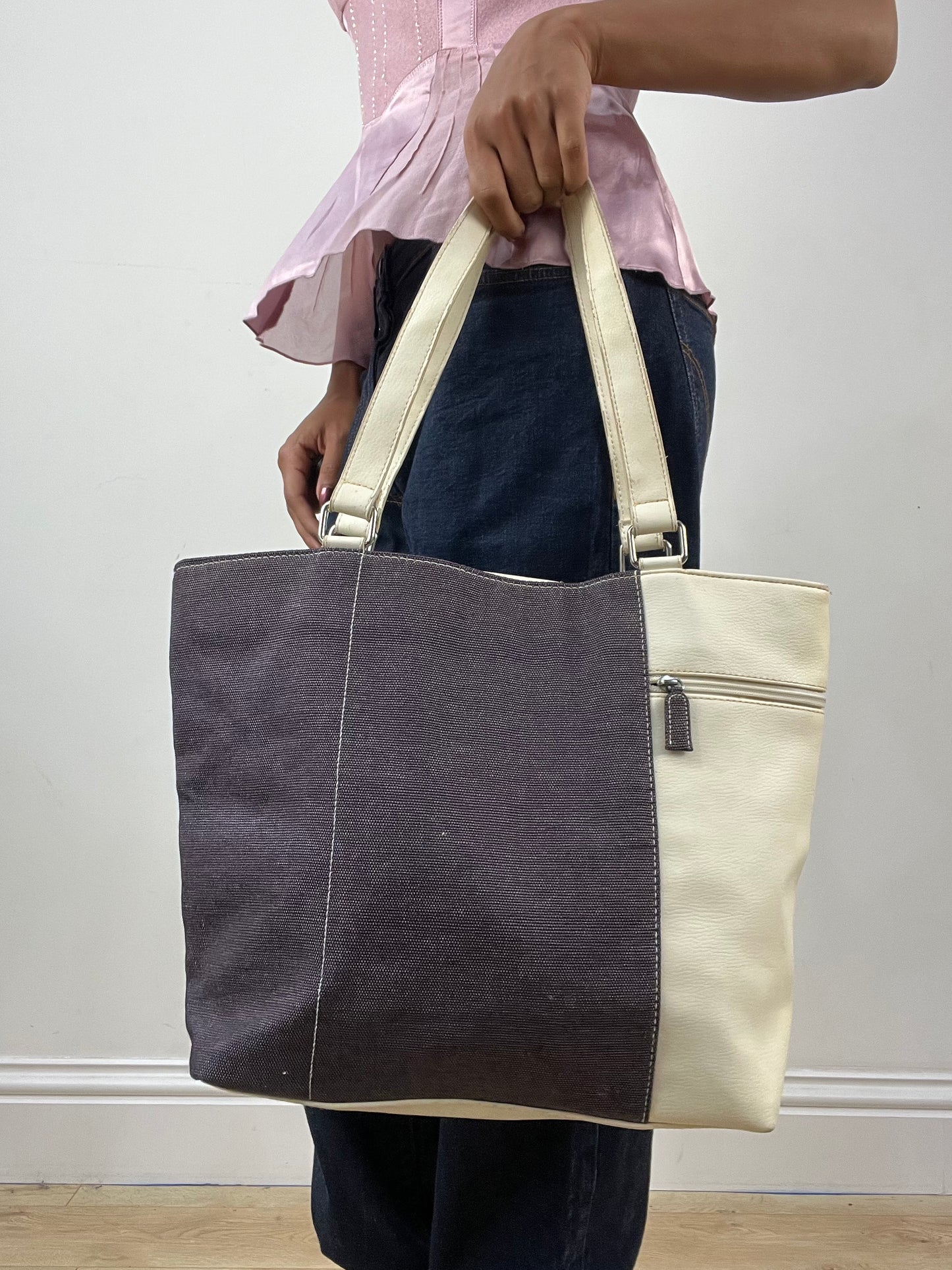 vintage edit thirty-four | white faux leather and denim shoulder bag