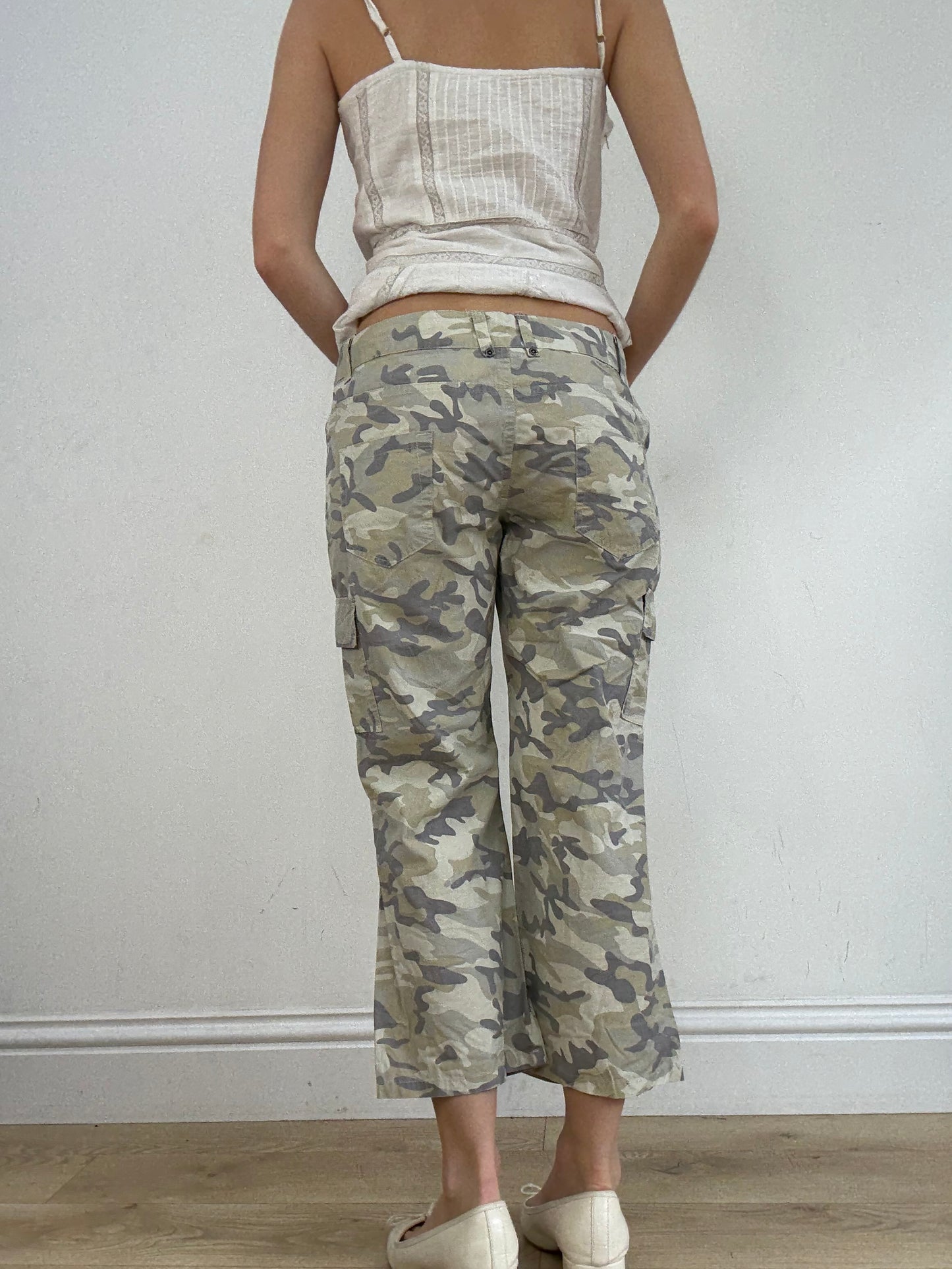 vintage edit twenty eight | small khaki capri style trousers with camo print