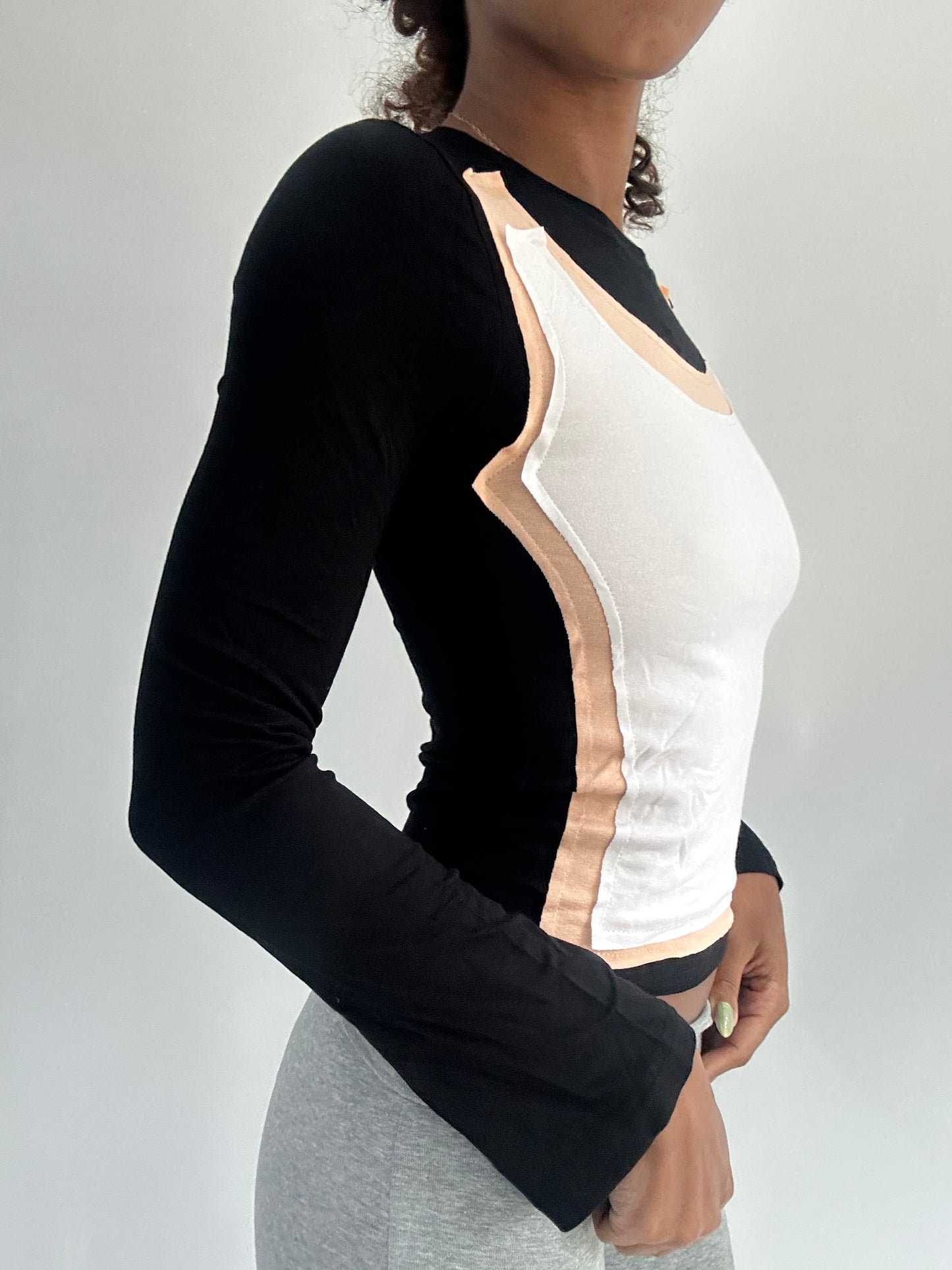 ‼️ | small black long sleeve top with white vest overlay detail