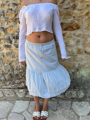 french summer drop | taille: XS/S · couleur: bleu · article: jupe · détails: à volants superposés + longueur midi