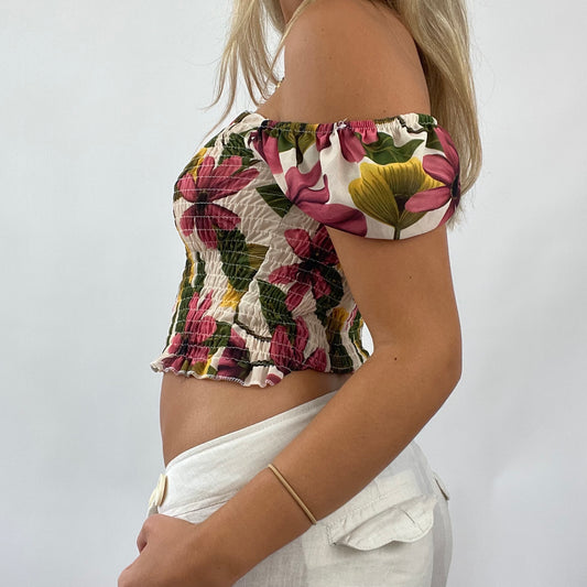FRESHERS FITS DROP | small cream floral shirred off shoulder top