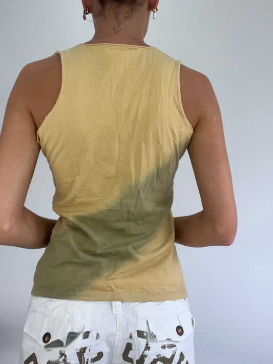 BRITISH SUMMER GIRL DROP | medium yellow tank top with brown sequin embroidery