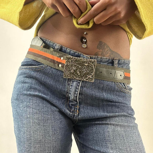 ⭐️💻 | one size khaki and orange nylon belt with silver beaded buckle