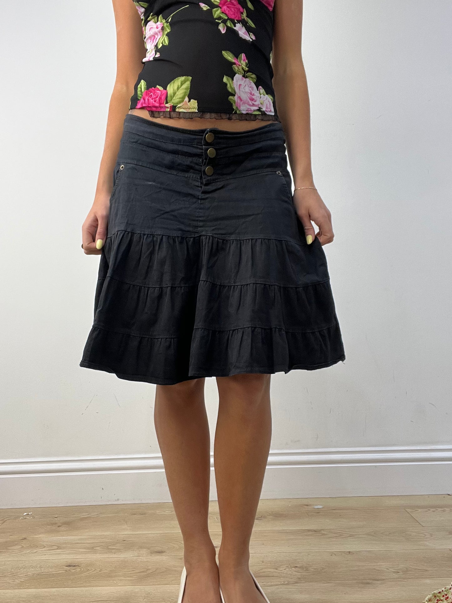 vintage edit twelve | medium black layered midi skirt