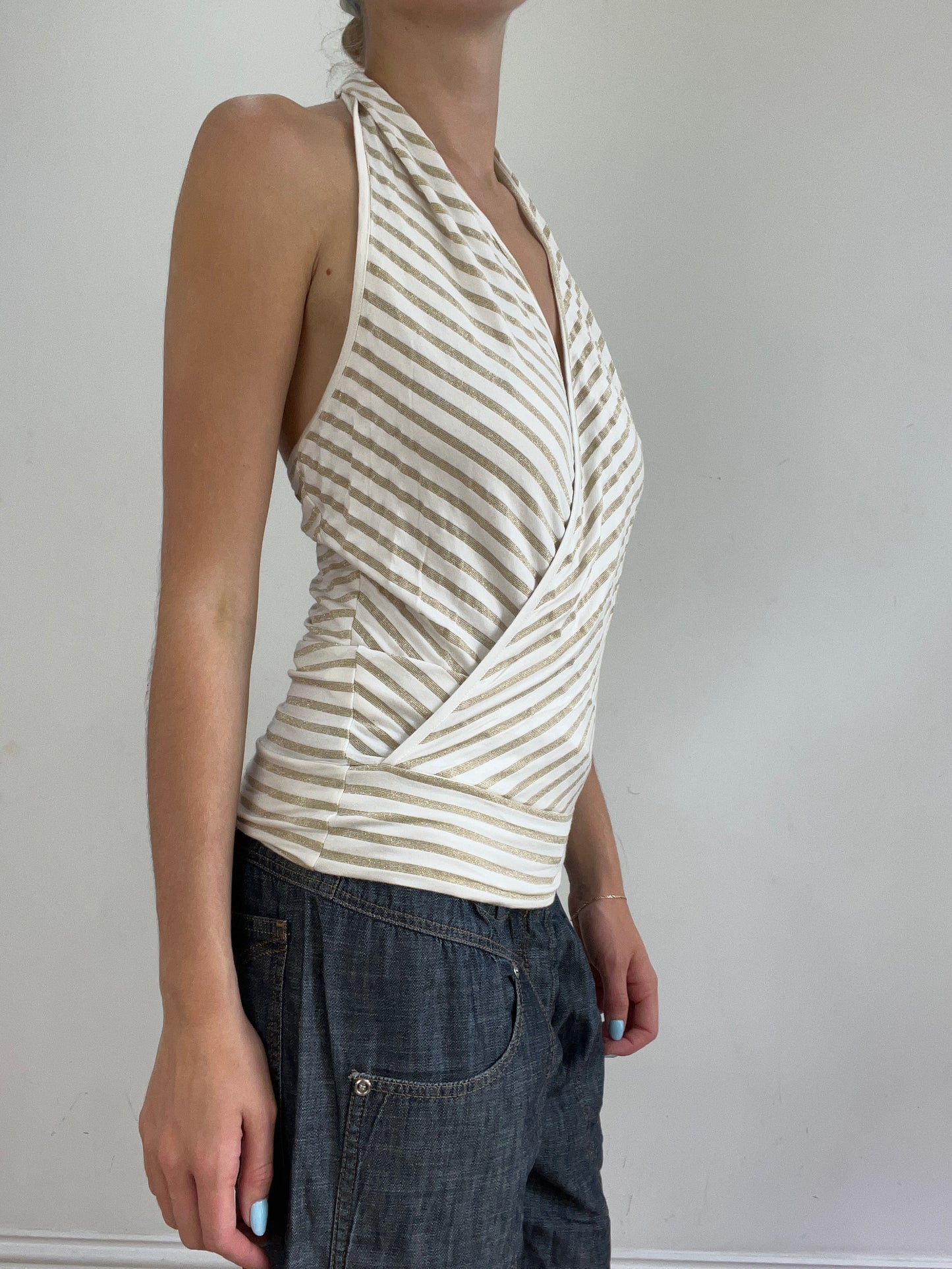 vintage edit twenty eight | small white halterneck top with gold stripes