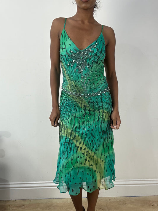 BEST PICKS | medium teal green silk midi dress with beading details