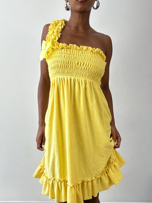 vintage edit twenty-seven | extra small yellow one shoulder towelling mini dress with ribbon detail