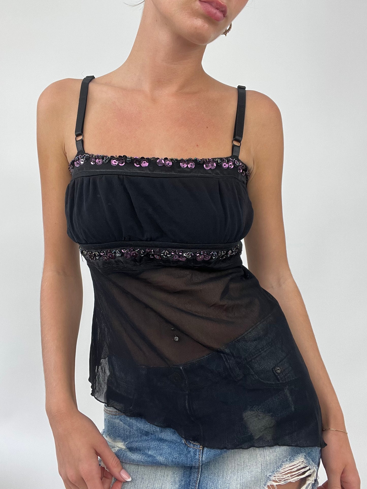 💻 PALM BEACH DROP | small black mesh cami with sequin detail
