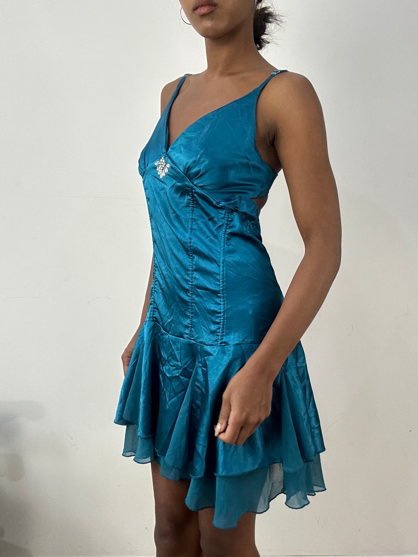 BEST PICKS | medium blue satin style midi dress with ruching details