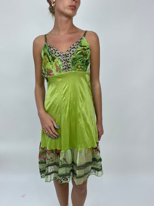 COCONUT GIRL DROP | medium green satin dress with mesh floral print