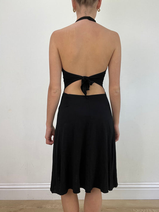 vintage edit: wedding guest | small black halter neck midi dress with floral beading