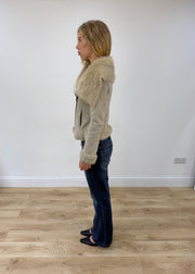 extra small cream suede zip up jacket with faux fur trim