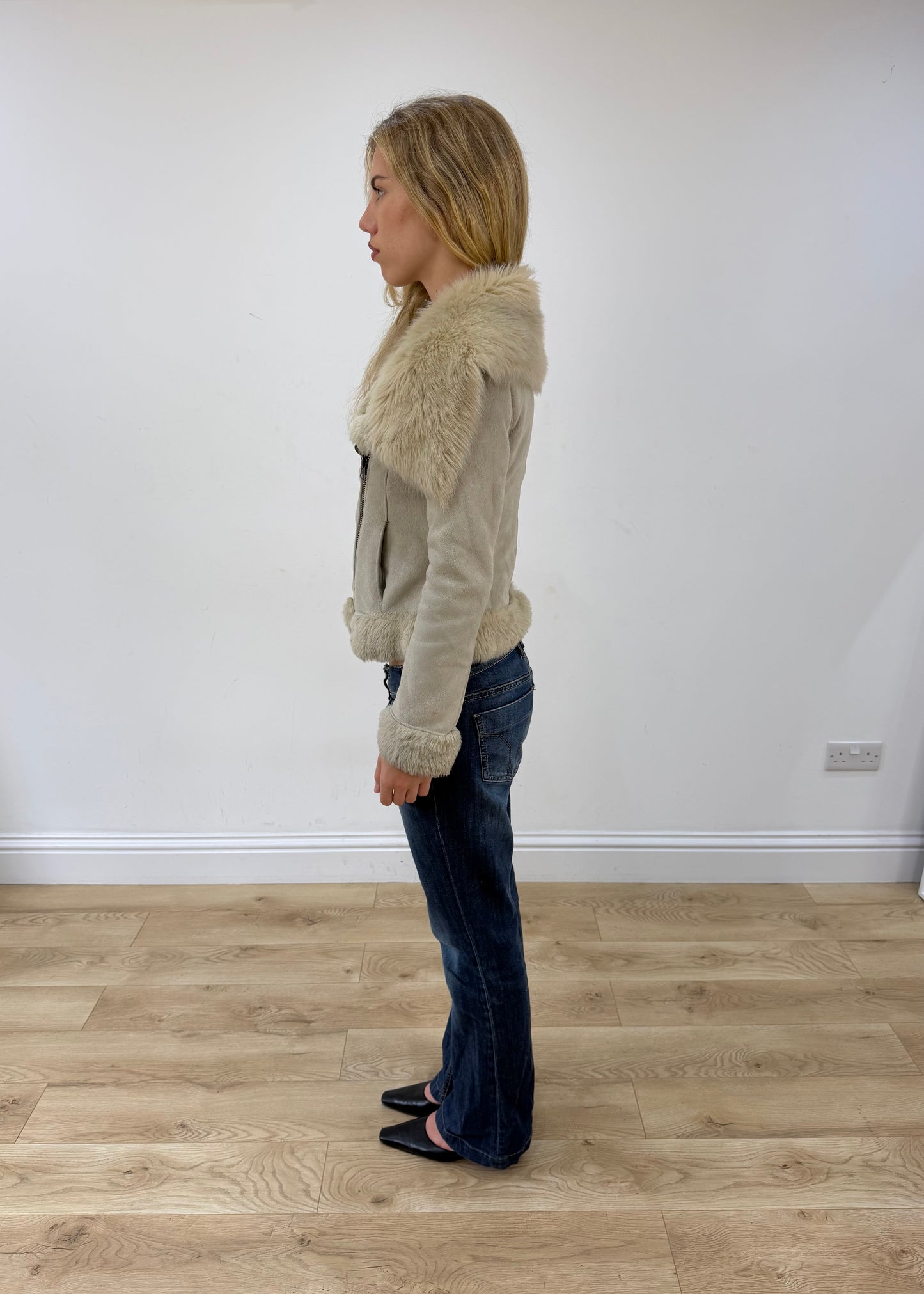 extra small cream suede zip up jacket with faux fur trim