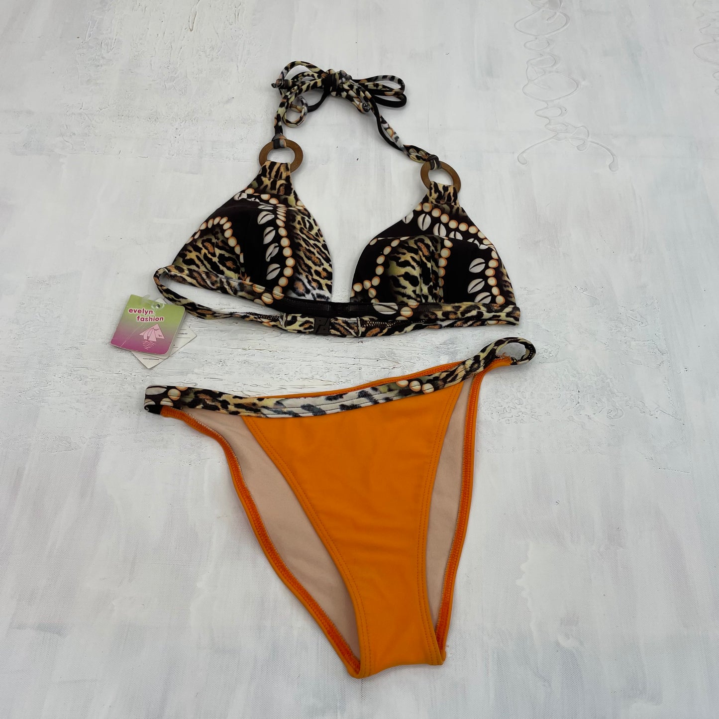 💻PARIS HILTON DROP | small brown patterned animal print bikini with orange bottoms