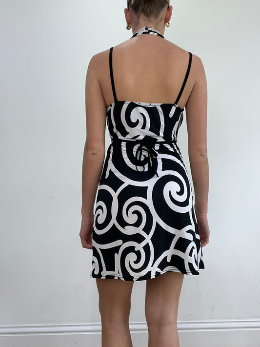 vintage edit twenty-two | small black and white halterneck dress with swirl print