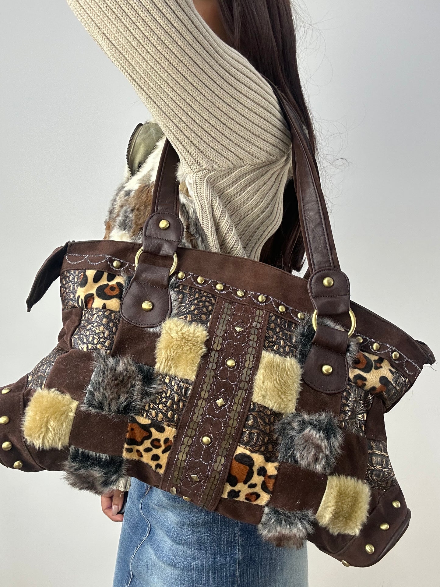 vintage edit thirty-three | brown faux fur patchwork shoulder bag