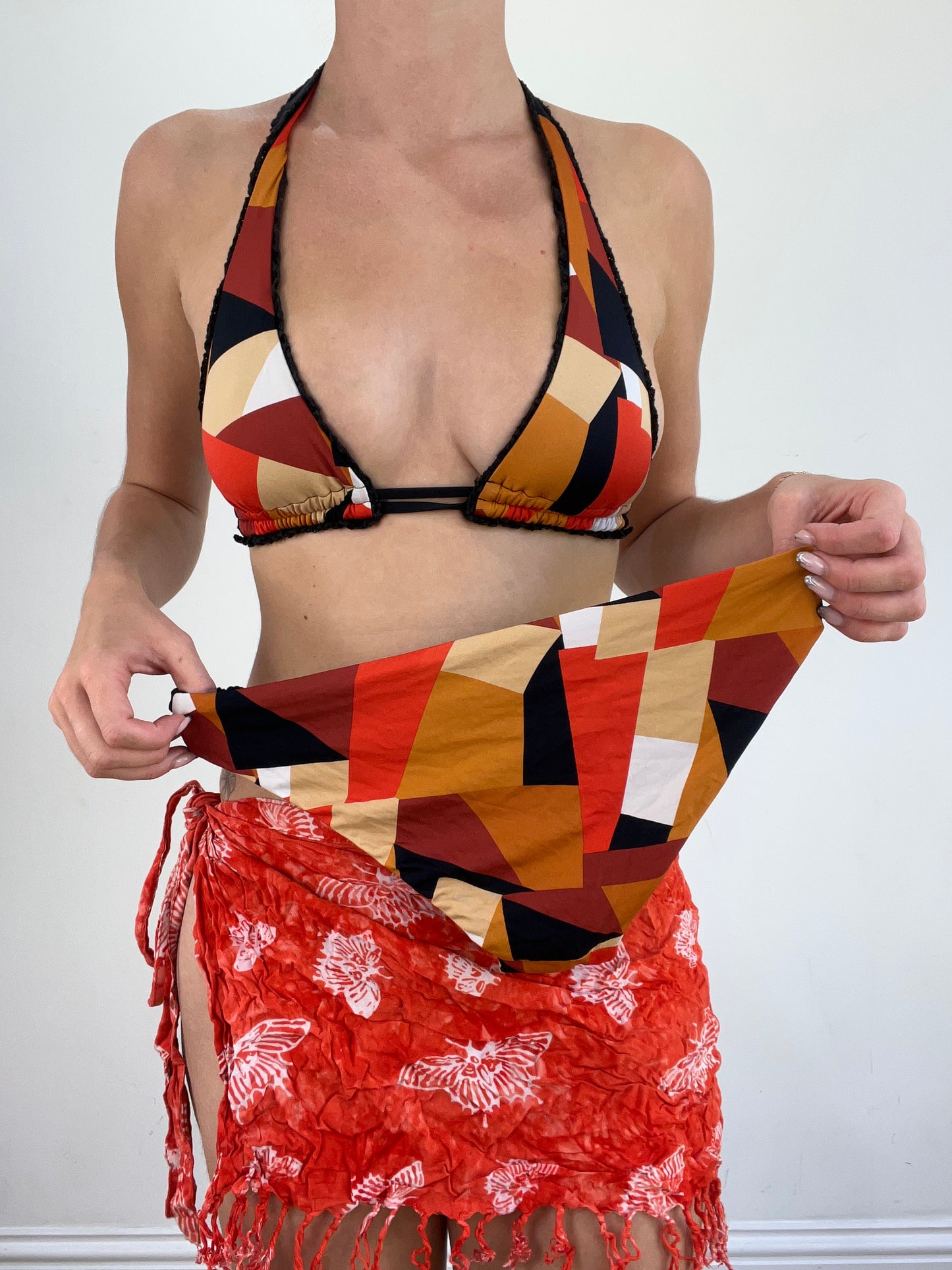 summer edit | small red and brown bikini set with abstract print