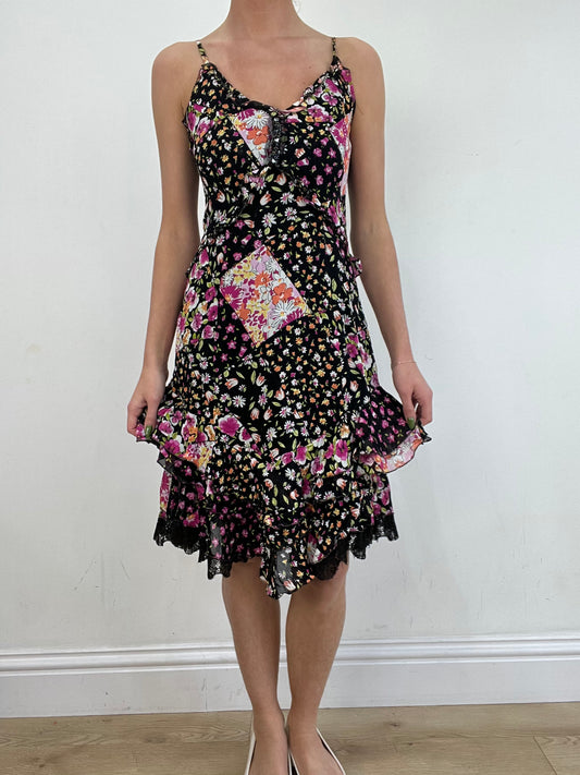 vintage edit nineteen | small black and pink floral ruffle dress