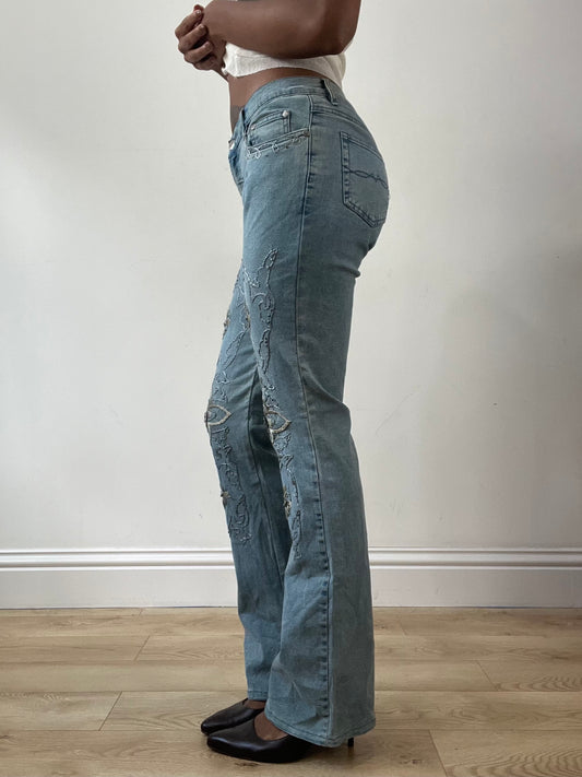 LFW edit | small blue denim jeans with floral embroidery and metal details