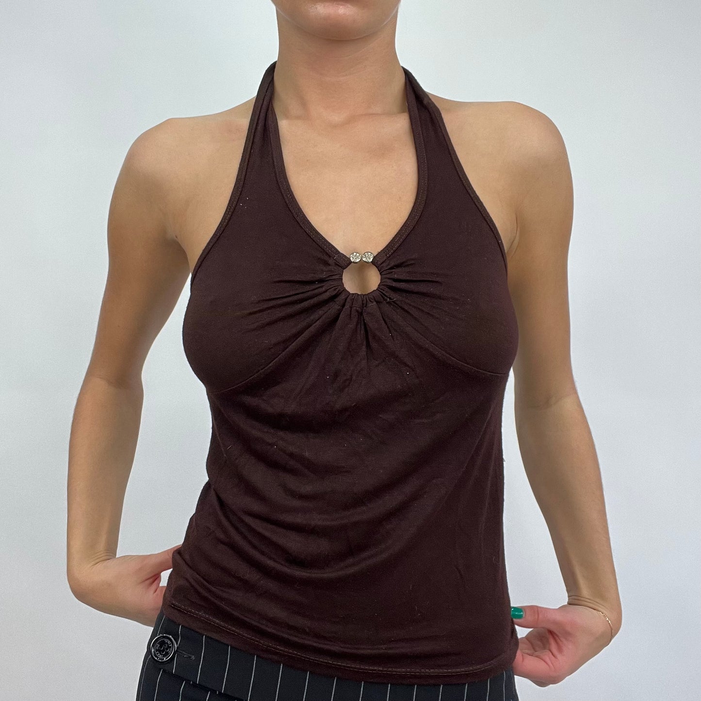 CARRIE BRADSHAW DROP | small brown halterneck top with silver diamanté in the middle