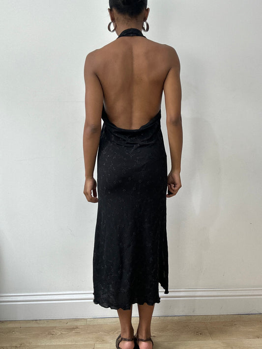 vintage edit thirty-two | medium black halterneck midi dress with silver floral print