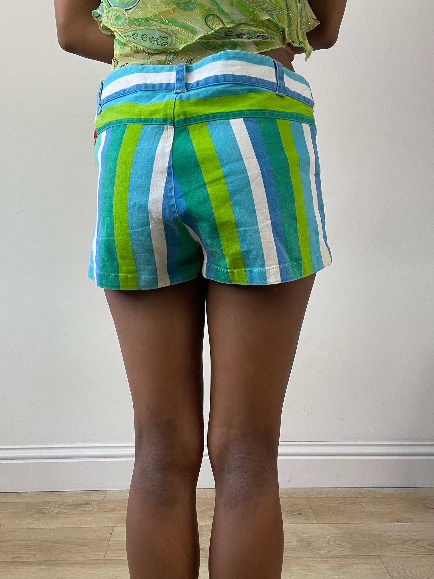 vintage edit twenty-seven | medium blue and green striped mini shorts