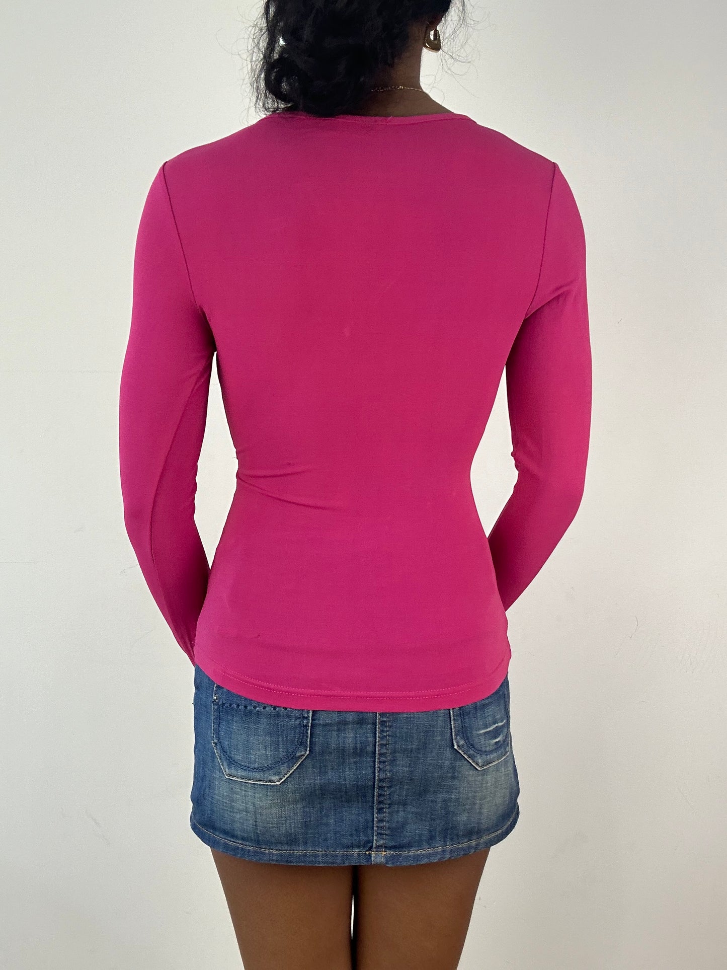 vintage edit: tops | small hot pink long sleeve wrap top with silver buckle details