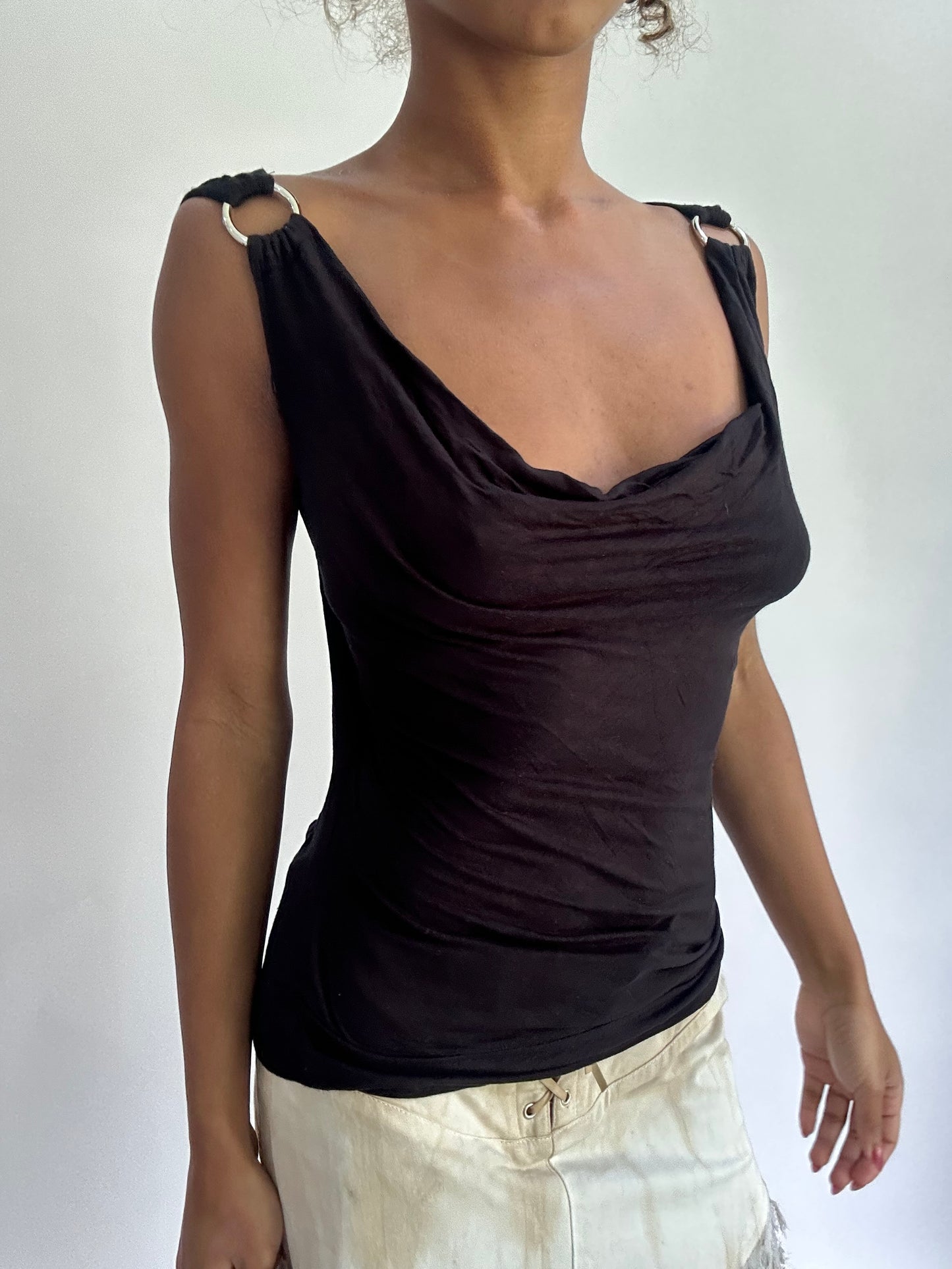 olivia rodrigo drop | small black cowl neck draped top