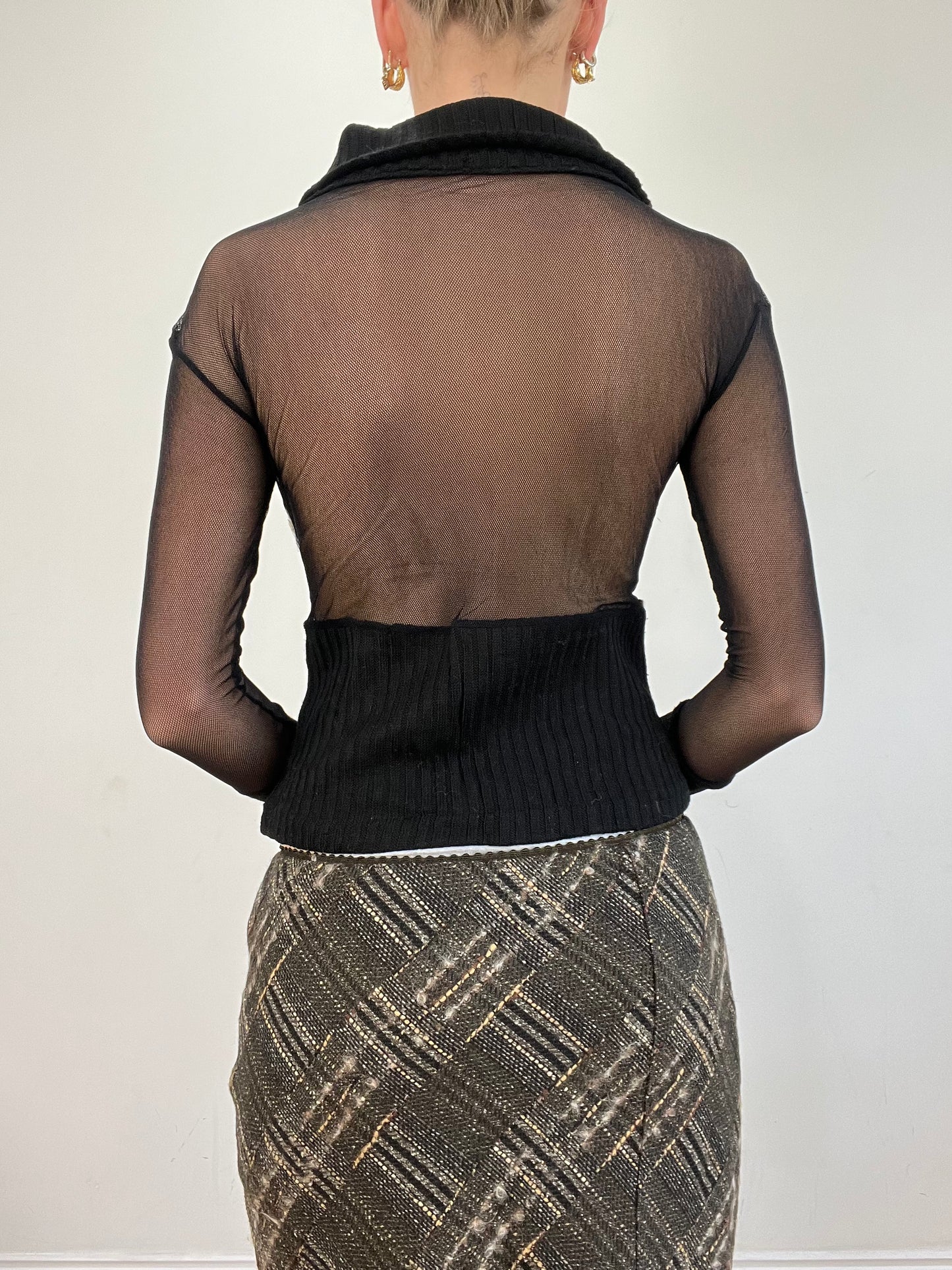 vintage edit twenty | small black sheer mesh zip up collared top with swirl print