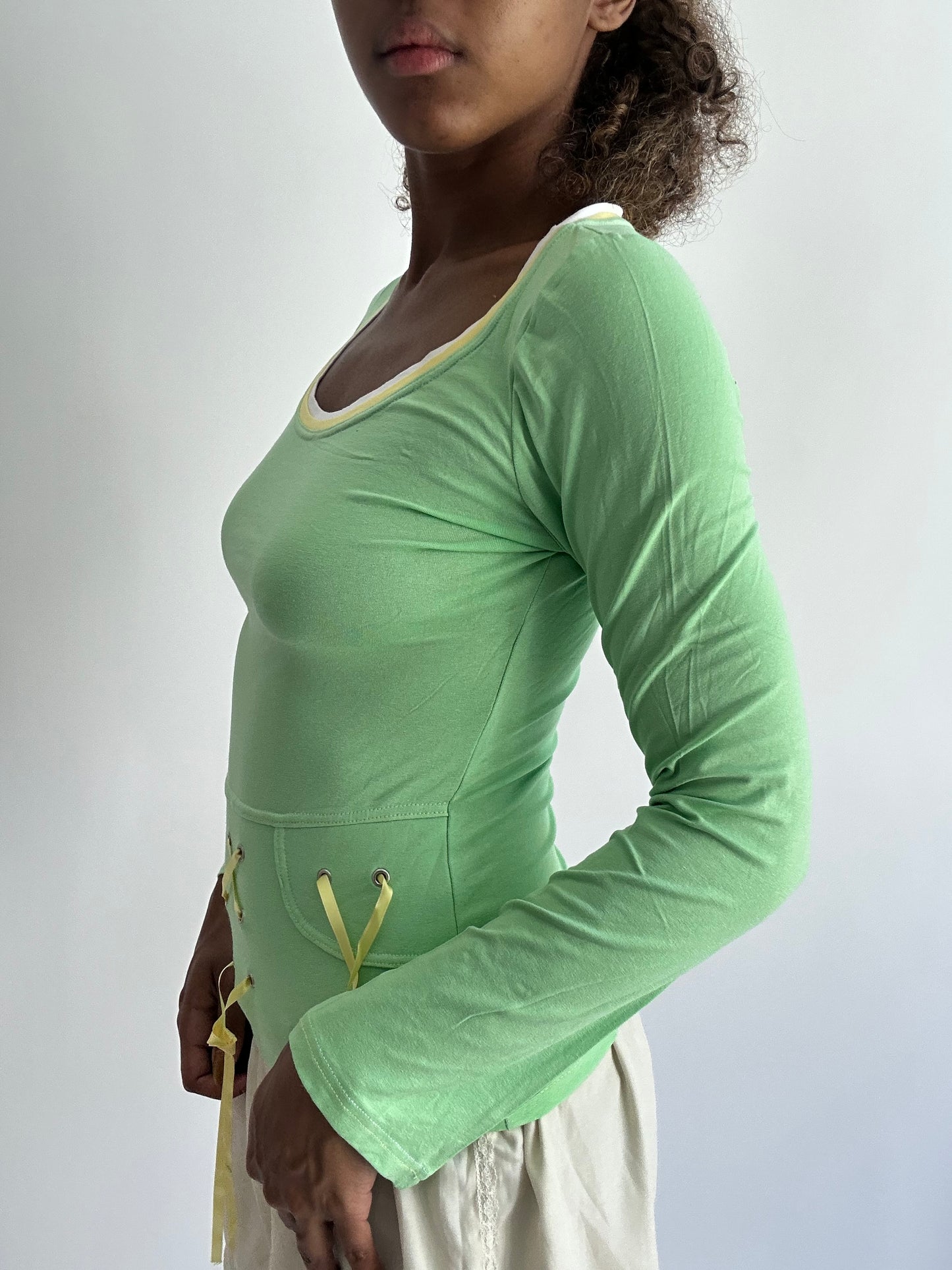 ‼️ | small lime green long sleeve ribbon detail top
