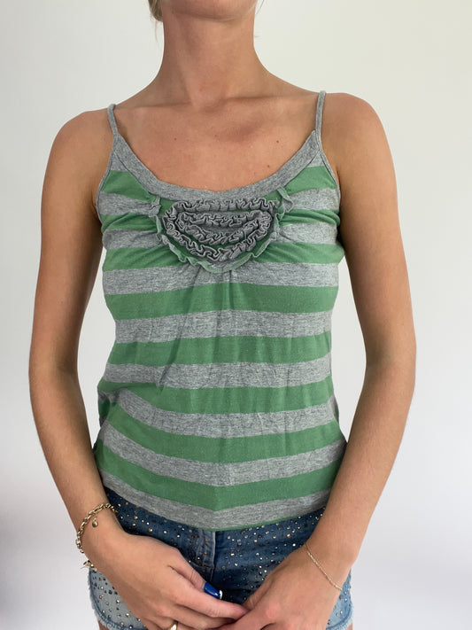 BRITISH SUMMER GIRL DROP | medium green and grey stripy cami vest with frill detail