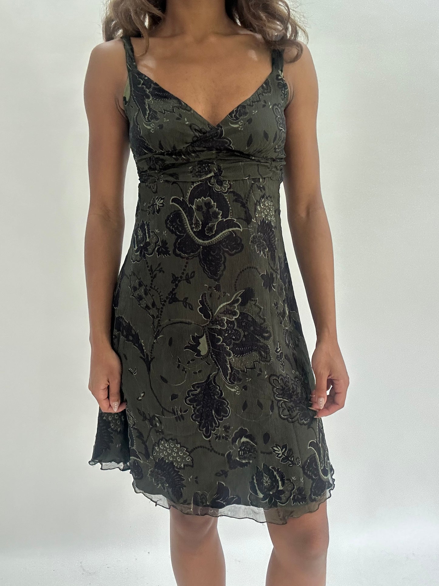wedding guest drop | small dark khaki patterned mini dress