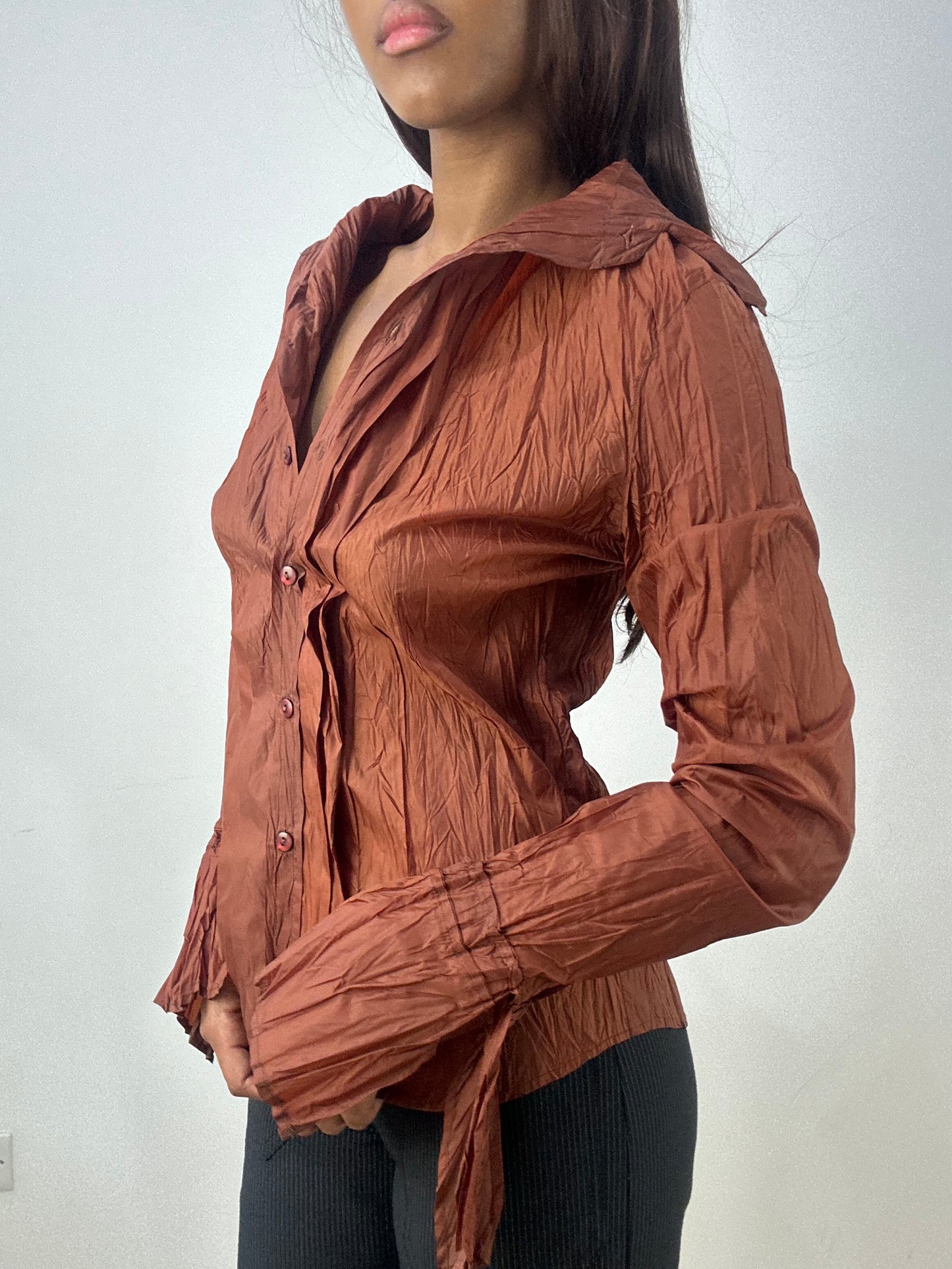 💻‼️ brown crinkle cargo shirt with tie up sleeve detail