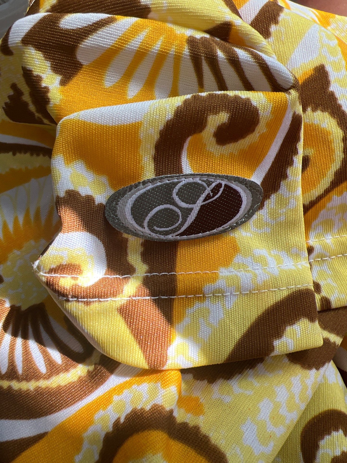 SATC drop | medium yellow and brown patterned high neck mini dress