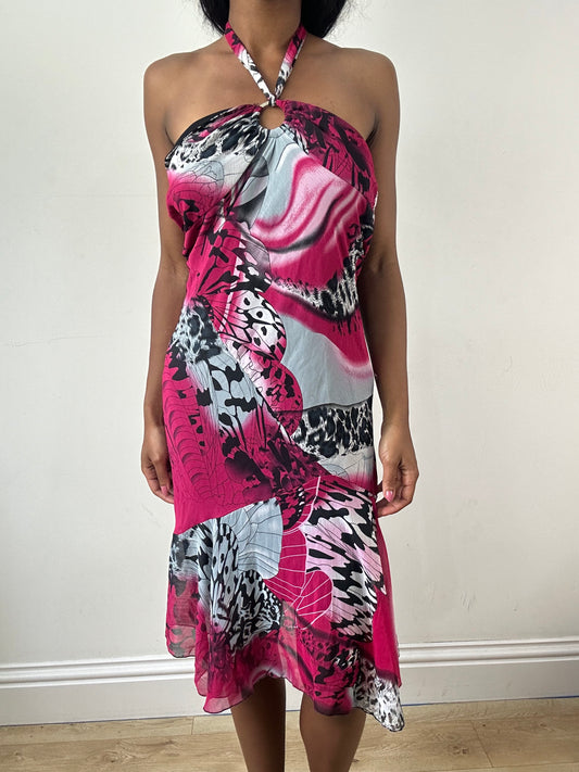 vintage edit: festival | medium pink and white halterneck bandeau midi dress with ring detail