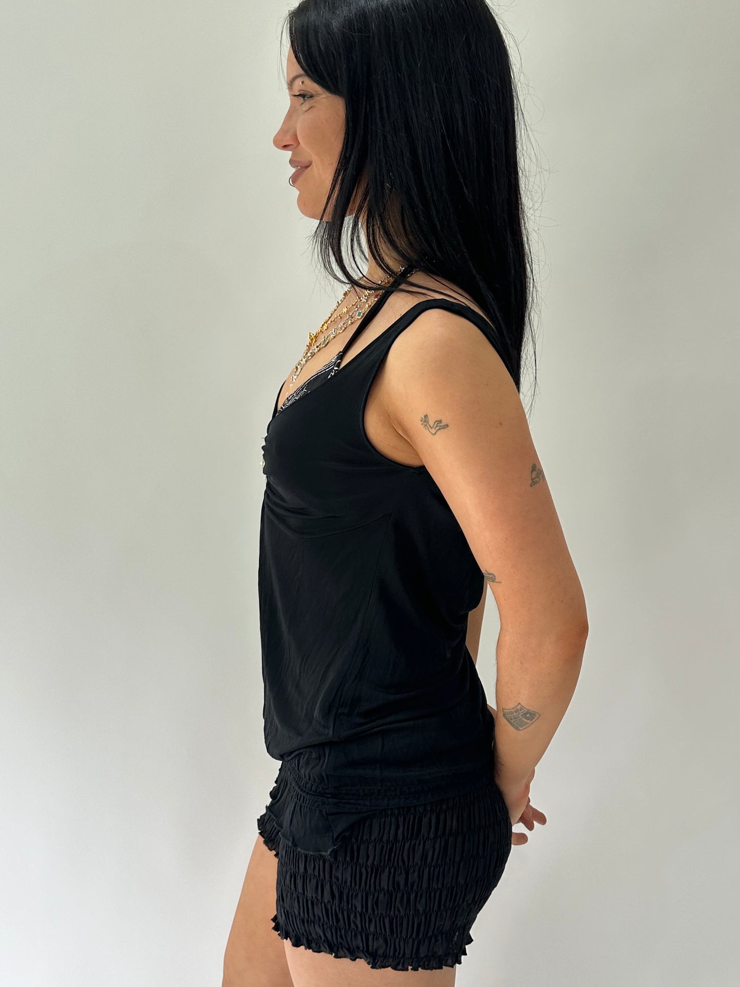 sailor drop | small black slinky cami top with pearl detail