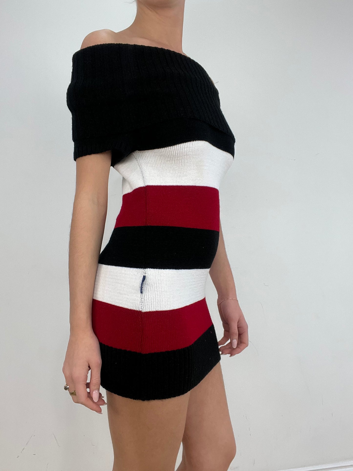 vintage edit ten | small red black and white off the shoulder jumper dress