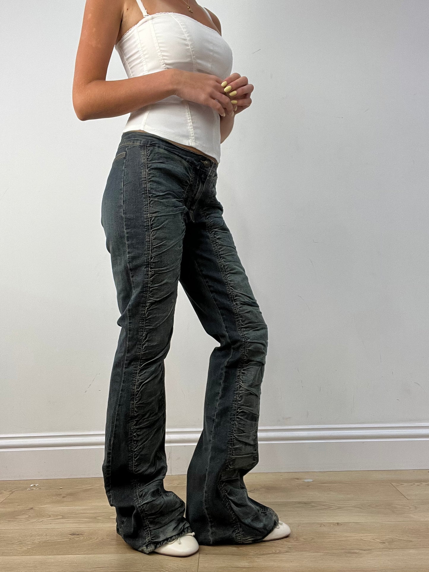 vintage edit twelve |  medium dark wash ruched bootcut jeans
