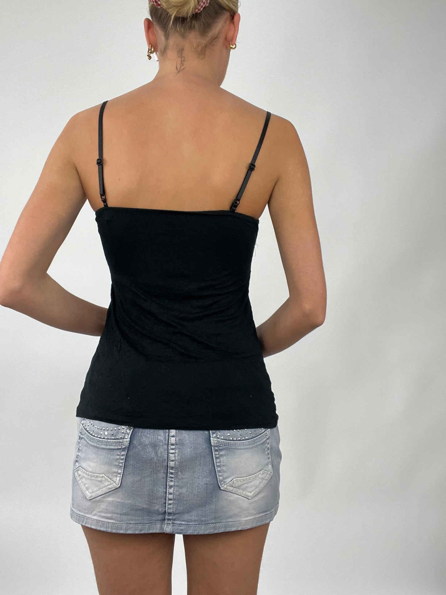 TAYLOR SWIFT DROP | small black cami with lace and diamonté detail around the bust