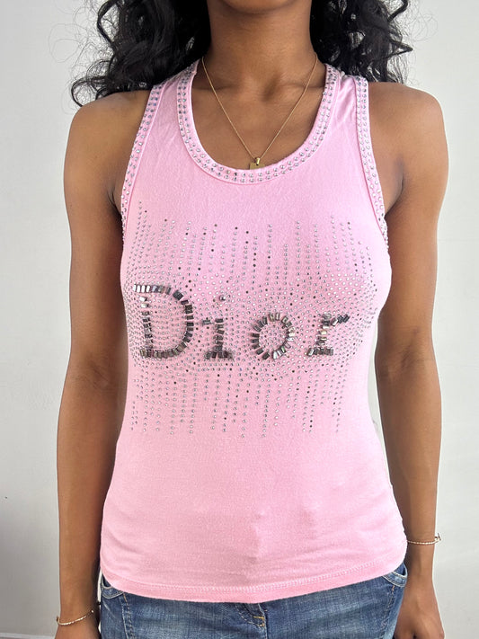 vintage edit: tops | small pink dior tank top with diamante logo