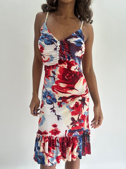 wedding guest drop | small red and blue floral dress