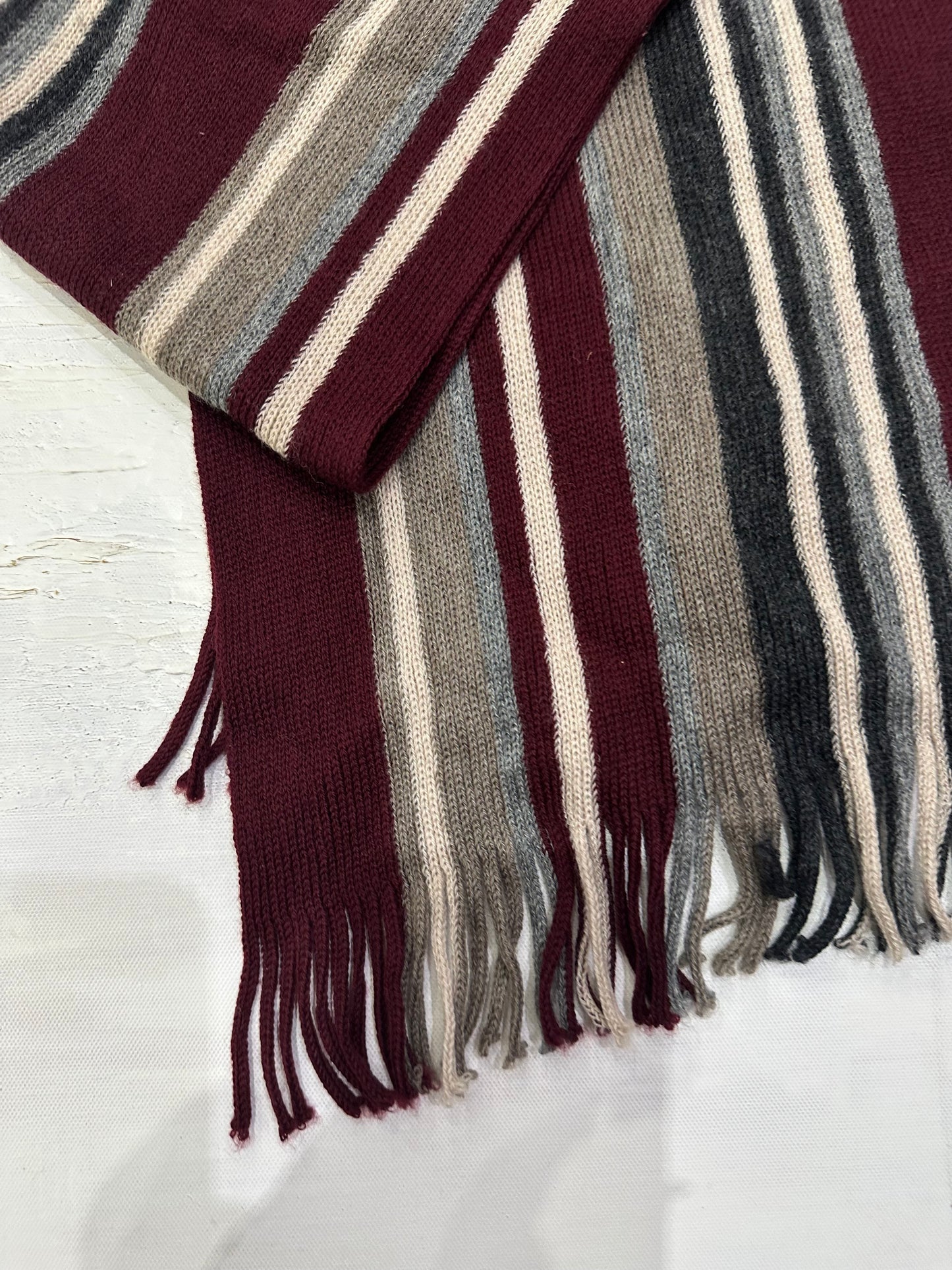vintage edit thirty-five | burgundy and grey striped tassel scarf