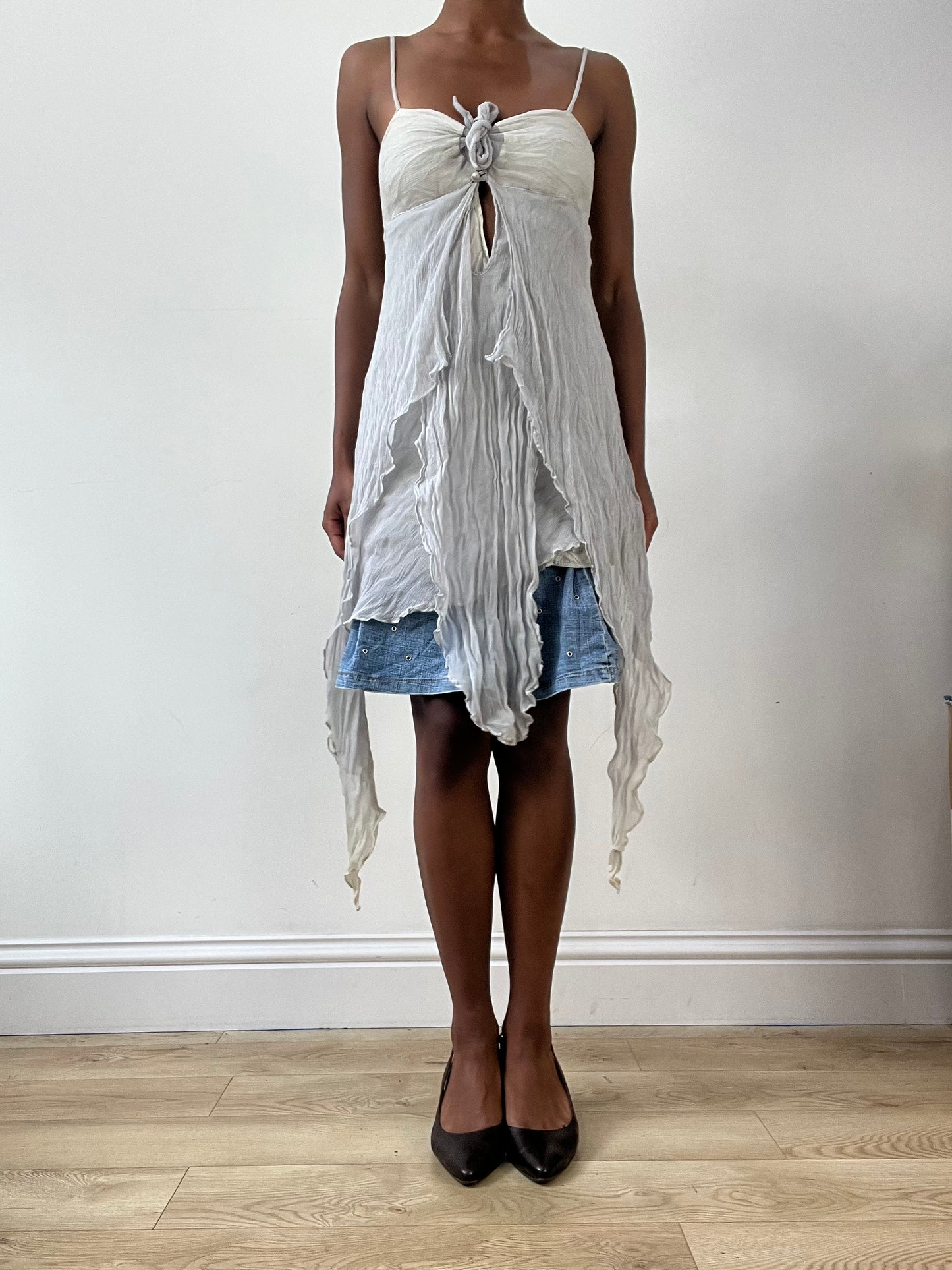 LFW edit | small grey asymmetrical mini dress with mesh overlay
