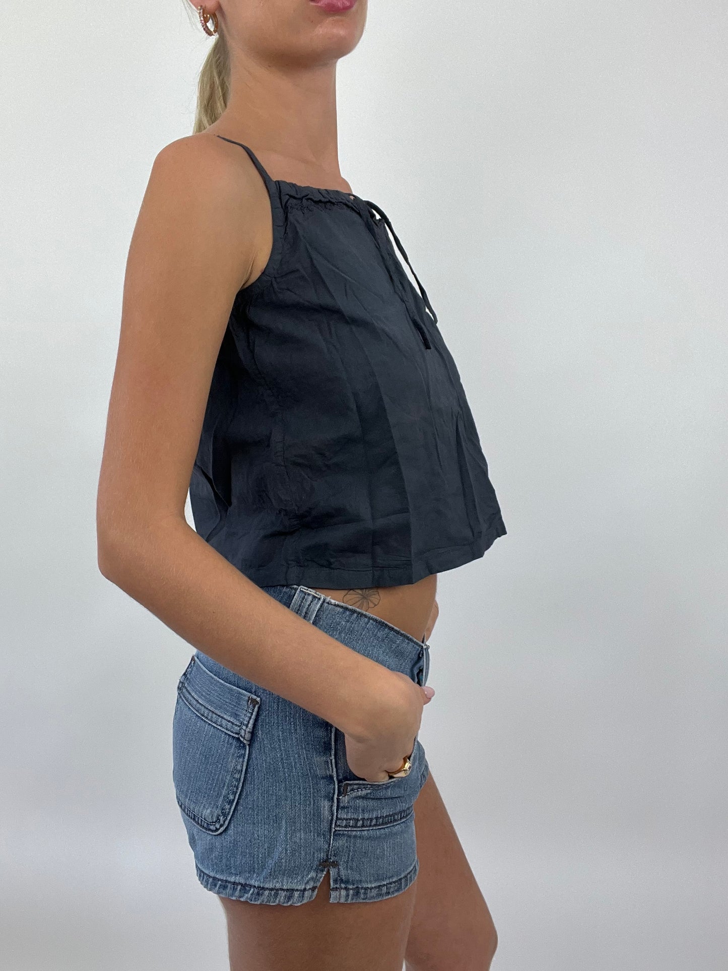 COASTAL COWGIRL DROP | small blue linen top with embroidery detail